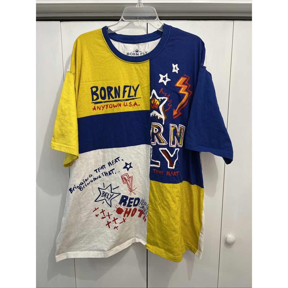 BORN‎ FLY T-Shirt Men's Sz 4XL, Blue/Yellow/White Colorblock RAP/URBAN